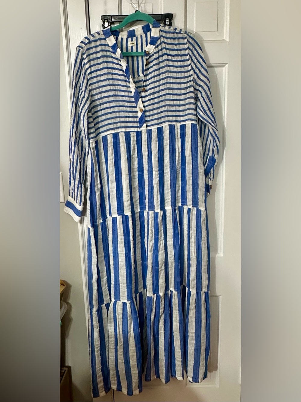 Warm blue and white linen blend maxi dress
